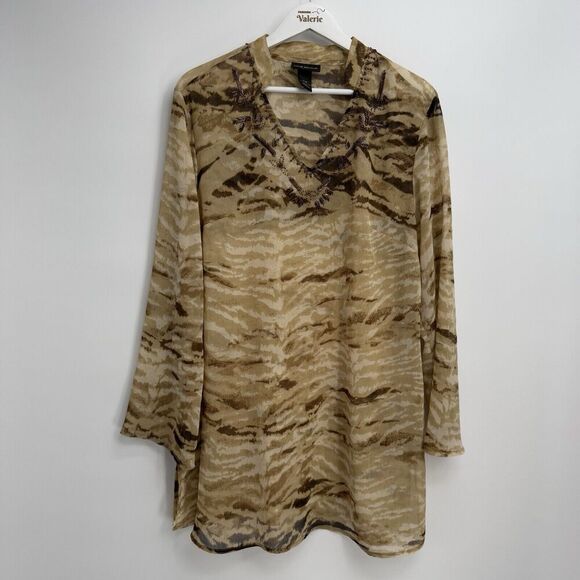 Lane Bryant Brown Tan Top Sheer Blouse Tunic Long Size 14/16 Beaded Boho - Picture 1 of 8